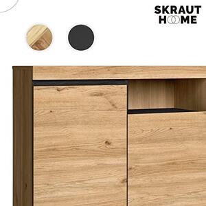 – Komoda – Model Nature – 140 x 40 x 81 cm – Boční skříňka s 3 dvířky – skandinávský styl – melamin – dub a černá barva