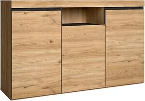 – Komoda – Model Nature – 140 x 40 x 81 cm – Boční skříňka s 3 dvířky – skandinávský styl – melamin – dub a černá barva