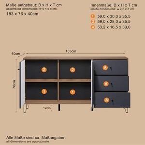 - Montez - Komoda - Šedá/Dubová - Vysoká komoda se 2 dvířky a 3 zásuvkami - Přední část s dekorativním frézováním - (Šířka x Výška x Hloubka) 183 x 76 x 40 cm - s extravagantními kovovými nohami
