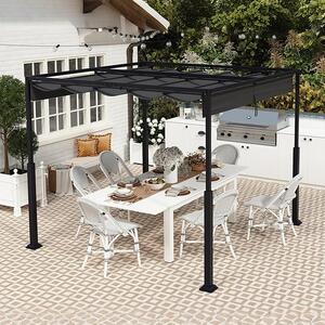 Venkovní pergola 3x3 metru, stabilní kovová konstrukce, 9 metrů. Zahradní altán se stříškou a posuvnou střechou, pro 6-8 osob. Samostatně stojící, s možností instalace výsuvné markýzy, vhodná do zahrady, na terasu a balkon (černá)