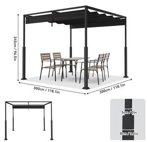 Venkovní pergola 3x3 metru, stabilní kovová konstrukce, 9 metrů. Zahradní altán se stříškou a posuvnou střechou, pro 6-8 osob. Samostatně stojící, s možností instalace výsuvné markýzy, vhodná do zahrady, na terasu a balkon (černá)