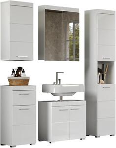 - Amanda - Kompletní koupelnový set (umyvadlová skříňka + skříňka se zrcadlem + podstavec + vysoká skříňka + nástěnná skříňka) - Bílá/Bílá vysoký lesk - (Šířka x Výška x Hloubka) 163 x 190 x 34 cm - Odolné proti poškrábání