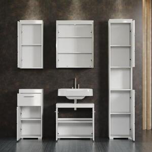 - Amanda - Kompletní koupelnový set (umyvadlová skříňka + skříňka se zrcadlem + podstavec + vysoká skříňka + nástěnná skříňka) - Bílá/Bílá vysoký lesk - (Šířka x Výška x Hloubka) 163 x 190 x 34 cm - Odolné proti poškrábání