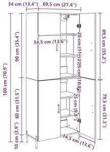 Kvalitní nástěnná komoda, černá barva s dekorativním vzorem dubu, rozměry 69,5 x 34 x 180 cm, materiál: dřevotrieska. Moderní design vhodný do obývacího pokoje, chodby nebo jídelny. Komoda