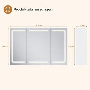 Zrcadlová skříňka s LED osvětlením, zásuvkou a 3 teplotami barev | Koupelnová skříňka 60×90×16 cm (výška×šířka×hloubka), s funkcí stmívání a dotykovým senzorem | Bílá koupelnová zrcadlová skříňka se 3 nastavitelnými policemi a zrcadlem