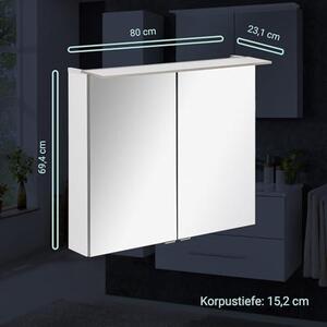 B.PERFEKT, zrcadlová skříňka, 80 cm – Korpus bílý, lamino, 2 dvířka, rozměry: 80x69x15 cm, vyrobeno v Německu, s LED osvětlením