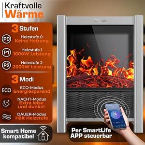 Elektrický krb s topením a dálkovým ovládáním, 2000W, aplikace WiFi | Elektrický krb s LED efektem plamene a LCD displejem | Krbové topení s termostatem a časovačem | Elektrický krbový sporák, stojací topení