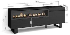 | TV stolek, nízká komoda | do obývacího pokoje a jídelny | 150x57x35 cm | Pro televizory do velikosti 65" | Elektrický krb. Rozměry | Průmyslový design | Moderní styl | Černá barva