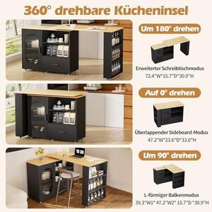 Kuchyňský ostrůvek s úložným prostorem, mobilní kuchyňský ostrůvek s kolečky, rozšiřitelný. Kuchyňský ostrůvek s otočnou deskou o 360°, zásuvkou, policemi a LED osvětlením, černý