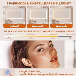 Kosmetický stolek s LED osvětlením, s nastavitelnou intenzitou a barvou světla, toaletní stolek se zrcadlem, 2 zásuvky, 4 přihrádky a skříňka, vhodný do ložnice, bílá barva