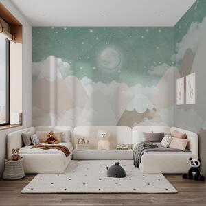 Fototapety Měsíc nad zasněženými horami dětská ilustrace v zelené barvě, Fototapety dětské, w00374v3 : uwalls.cz