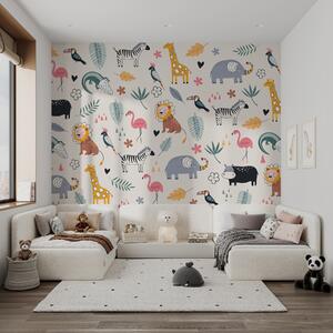 Fototapety zvířata, lvi, žirafy, sloni, listy, dětský pokoj, Fototapety dětské, w00555 : uwalls.cz
