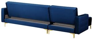 Rozkládací sedací souprava tvaru L s taburetem pravostranná modrý samet ABERDEEN