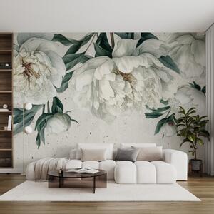 Fototapety Bílé velké pivoňky se zelenými listy na světlém pozadí s texturou, Fototapety květiny, w00837 : uwalls.cz