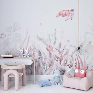 Fototapety Akvarel mořské korály, mušle, želva, mořský život, jemné růžové barvy, Fototapety moře, w00849v2 : uwalls.cz