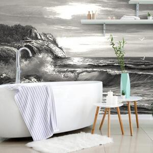 Samolepící tapeta ráno na moři v černobílém provedení - 450x300 cm