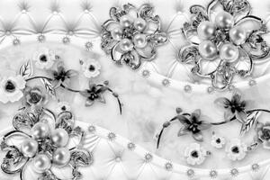 Tapeta květiny a perly černobílé - 300x200 cm