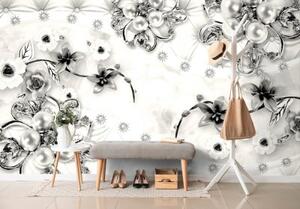 Tapeta květiny a perly černobílé - 300x200 cm