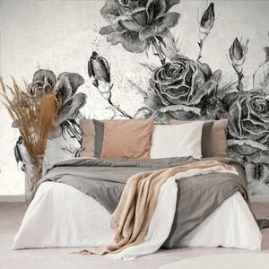 Samolepící tapeta černobílá vintage kytice růží - 300x200 cm