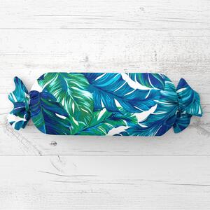 Biante Polštář válec bonbon Sandra SA-606 Modro-zelené tropické listy na bílém 15x40 cm