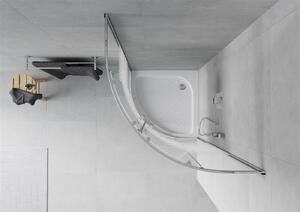 Mexen Rio, čtvrtkruhový sprchový kout s posuvnými dveřmi 80 x 80 cm, 5mm čiré sklo/pásy, chromový profil + bílá vysoká sprchová vanička Rio, 863-080-080-01-20-4710