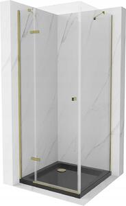 Mexen Roma, sprchový kout s 1-křídlými dveřmi 90 (dveře) x 90 (stěna) cm, 6mm čiré sklo, zlatý profil, slim sprchová vanička 5cm černá, 854-090-090-50-00-4070G