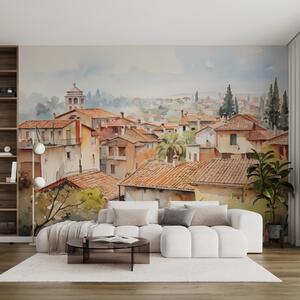 Fototapety Střechy domů v obci proti obloze akvarel, Fototapety akvarel, w01440 : uwalls.cz