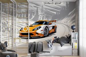 Fototapeta Žlutobílé sportovní auto na zasněžené silnici, Dopravní fototapety, Populární fototapety, w00954 - Tapeko.co.cz