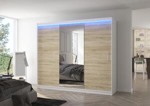 ADRK Šatní zrcadlová skříň posuvná s LED osvětlením DENIS W-S 250 L, dub sonoma/bílá