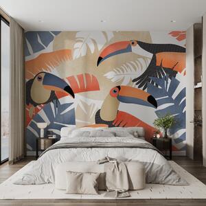 Fototapeta Skupina ptáků s listy, Fototapety s papoušky, Populární fototapety, w01008 - Tapeko.co.cz