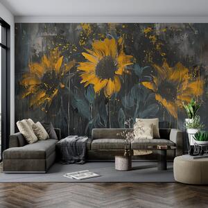 Fototapety Abstraktní malba slunečnic, tmavě šedé pozadí a žluté tóny, Fototapety květiny, Fototapety velké, w01480 : uwalls.cz