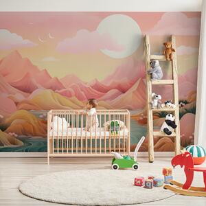 Fototapety Fantastická pastelově zbarvená krajina s jemně růžovými a broskvovými horami, Fototapety akvarel, w01656 : uwalls.cz