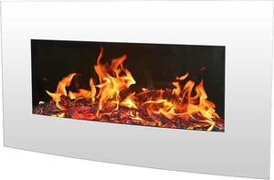 Elektrický krb – Nástěnný elektrický krb s LED efektem plamene, bílý, 2000 W, 90 x 55 cm – dálkové ovládání – topný výkon 2000 W