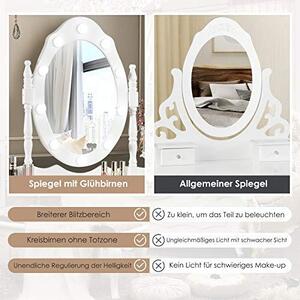 Toaletní stolek s osvětlením a stolička, komoda s otočným zrcadlem o 360°, dřevěná komoda s 4 zásuvkami a úložnými prostory do ložnice a šatny (bílá)