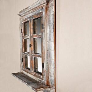 Zrcadlo na zeď s okenními rámy, 64x54 cm, styl shabby chic. Zrcadlo s policí a okenními dveřmi, které lze využít jako rámy na obrázky (13x13 cm)