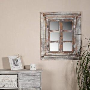 Zrcadlo na zeď s okenními rámy, 64x54 cm, styl shabby chic. Zrcadlo s policí a okenními dveřmi, které lze využít jako rámy na obrázky (13x13 cm)