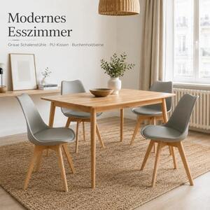 Sada 6 jídelních židlí s nohami z masivního buku, certifikováno společností SGS, retro design, čalouněná židle, dřevěná, šedá barva