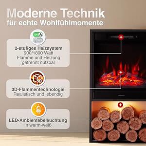 Elektrický krb Hugo – Elektrický krb s topením, 3D efekt plamenů, LED ambientní osvětlení, prostor pro ukládání dříví, dálkové ovládání (černý)