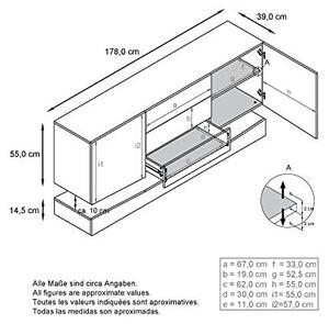 Komoda Sideboard City, vyrobená v Německu, černá matná/černá lesklá, včetně LED osvětlení – moderní komoda do obývacího pokoje (178 x 72 x 38 cm)