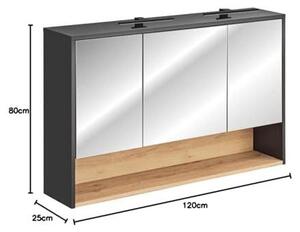 Zrcadlová skříňka "Bad Spiegelschrank" o rozměrech 120 cm, včetně LED osvětlení, v barvě antracit s dekorativním vzorem "Artisan Eiche Nb.", rozměry: cca 120/80/25 cm