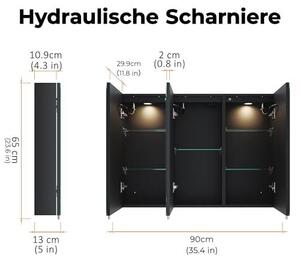 Zrcadlová skříňka o rozměrech 90x65 cm s LED osvětlením do koupelny, třídveřová, s Bluetooth, dotykovým spínačem, funkcí proti zamlžování a zásuvkou (matná černá)