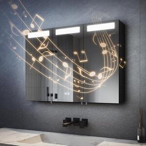 Zrcadlová skříňka o rozměrech 90x65 cm s LED osvětlením do koupelny, třídveřová, s Bluetooth, dotykovým spínačem, funkcí proti zamlžování a zásuvkou (matná černá)