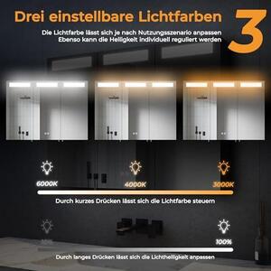 Zrcadlová skříňka o rozměrech 90x65 cm s LED osvětlením do koupelny, třídveřová, s Bluetooth, dotykovým spínačem, funkcí proti zamlžování a zásuvkou (matná černá)