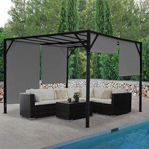 Pergola Baia | Výška x Šířka x Hloubka: 212 x 300 x 400 cm | Zahrada, altán, stříška na terasu | Robustní ocelová konstrukce (6 cm) + posuvná střecha, barva: šedá