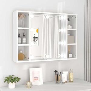 Zrcadlová skříňka s LED osvětlením, bílá, vyrobená z dřevovláknité desky, rozměry 76x15x55 cm, s 6 přihrádkami, USB portem, určená k montáži na zeď, vhodná do koupelny i obývacího pokoje, úsporná z hlediska prostoru, s velkým úložným prostorem