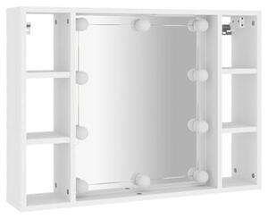Zrcadlová skříňka s LED osvětlením, bílá, vyrobená z dřevovláknité desky, rozměry 76x15x55 cm, s 6 přihrádkami, USB portem, určená k montáži na zeď, vhodná do koupelny i obývacího pokoje, úsporná z hlediska prostoru, s velkým úložným prostorem