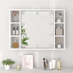 Zrcadlová skříňka s LED osvětlením, bílá, vyrobená z dřevovláknité desky, rozměry 76x15x55 cm, s 6 přihrádkami, USB portem, určená k montáži na zeď, vhodná do koupelny i obývacího pokoje, úsporná z hlediska prostoru, s velkým úložným prostorem