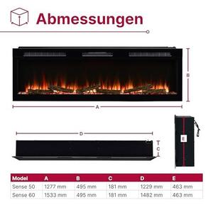Sense 60" Elektrický krb – nástěnný krb – elektrický krb s topením – elektrický vložkový krb s LED efektem plamenů Optiflame – vestavěný topný ventilátor o výkonu 2 kW – součástí balení je dálkové ovládání a aplikace