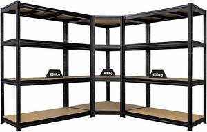 Mega nabídka: 1x rohový regál 180x90x60 cm a 2x regál pro těžké náklady 180x160x60 cm, černý, nosnost police 400 kg, stojací, kovový, regál do skladu, regál do sklepa, modulární regál, regál do garáže