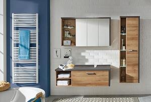 - Bay – Zrcadlová skříňka – Dub Riviera/tmavý beton – Moderní koupelnový zrcadlo se 3 otevřenými přihrádkami – (šířka x výška x hloubka) 123 x 71 x 18 cm – odolná proti poškrábání